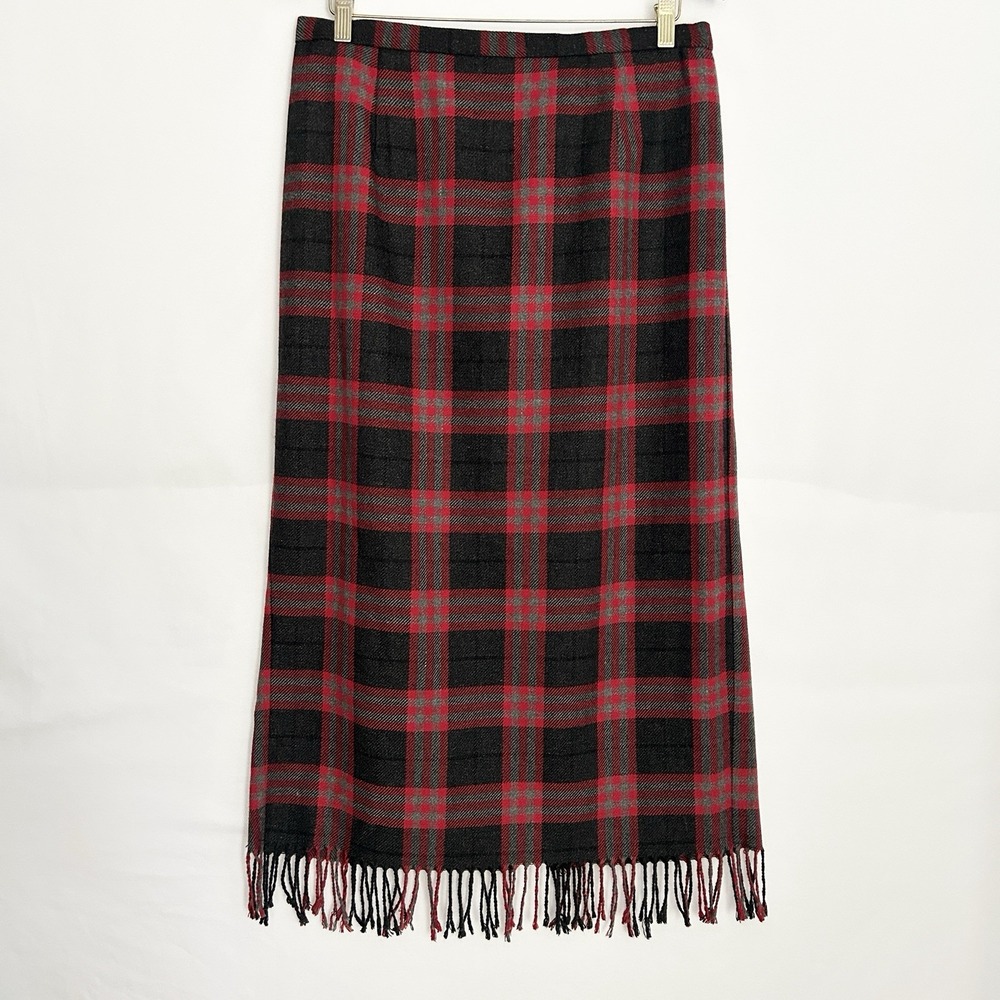 Vintage Buffalo Plaid Fringe Midi Skirt Womens 14 Academia Heritage Ivy Preppy